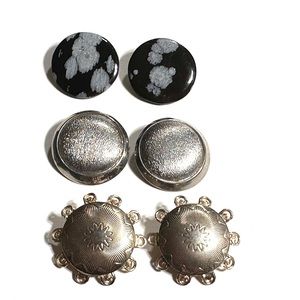 Snowflake Obsidian Gold Aztec Sun Textured Silver Vintage Clip On Earrings 3 pr